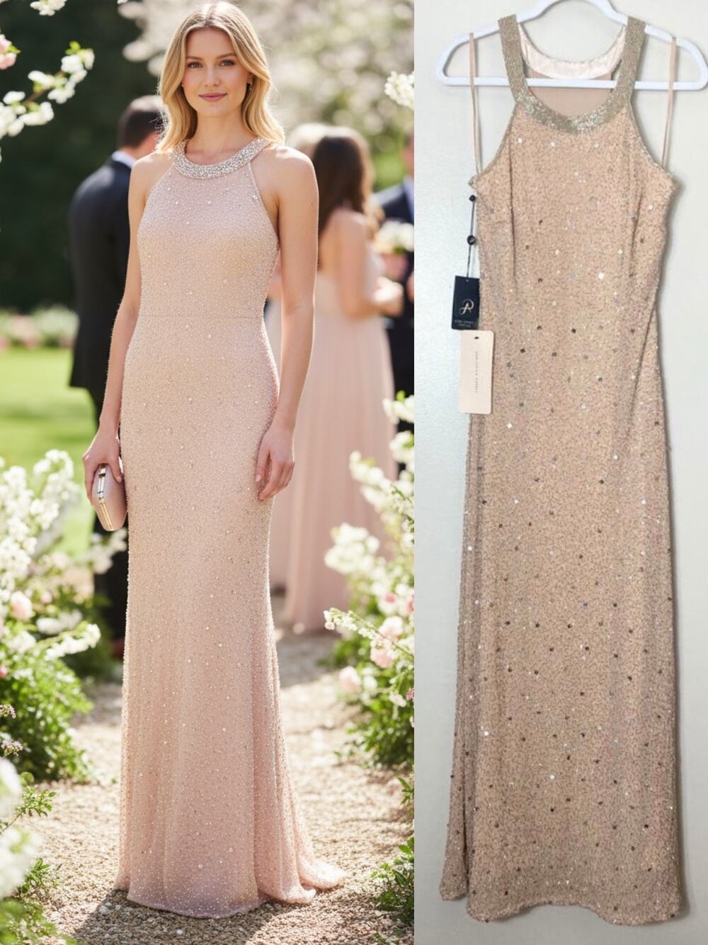 Adrianna Papell Dress 10P Sequin Beaded Wedding Guest Mother of the Bride Gown